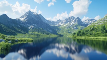 Majestic mountain view featuring green valleys, a clear blue sky, and a tranquil lake reflecting the breathtaking scenery