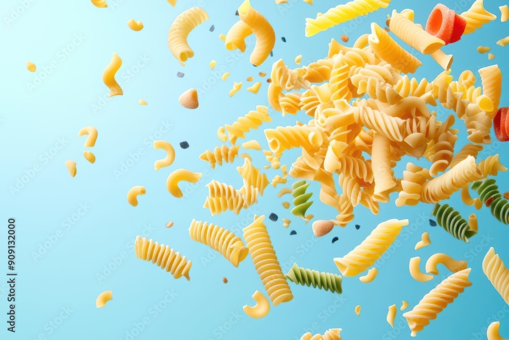 Poster colorful flying pasta explosion, creating a vibrant and dynamic visual with light effect and empty a
