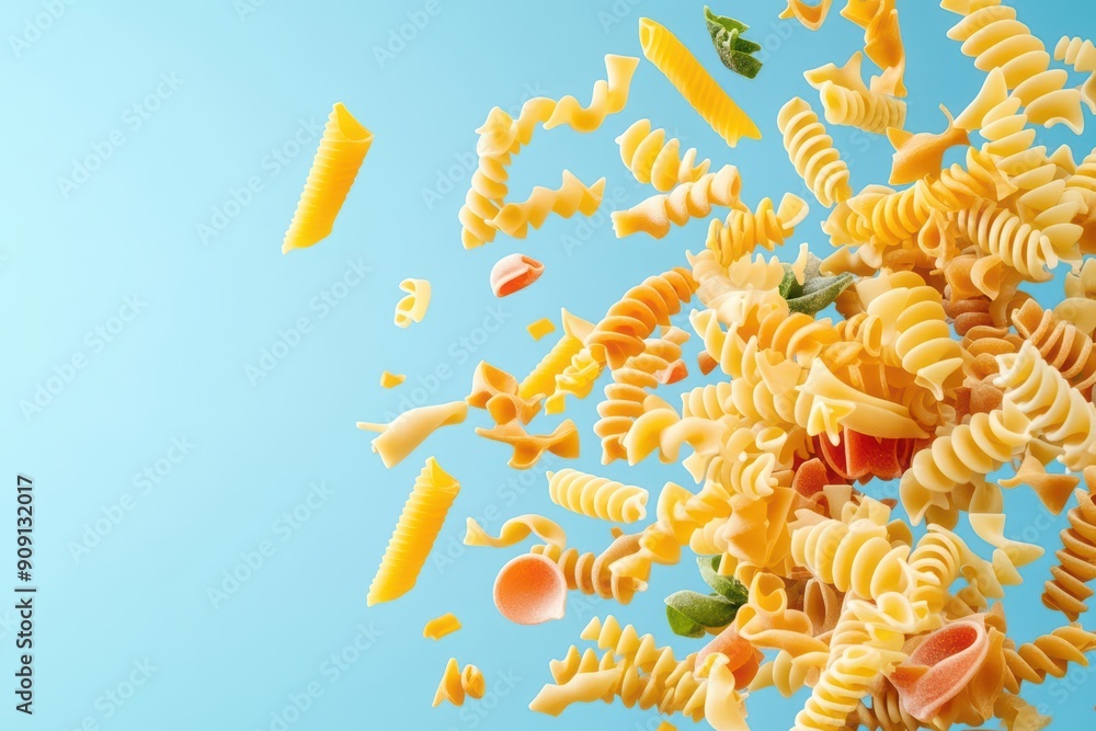 Poster colorful flying pasta explosion, creating a vibrant and dynamic visual with light effect and empty a
