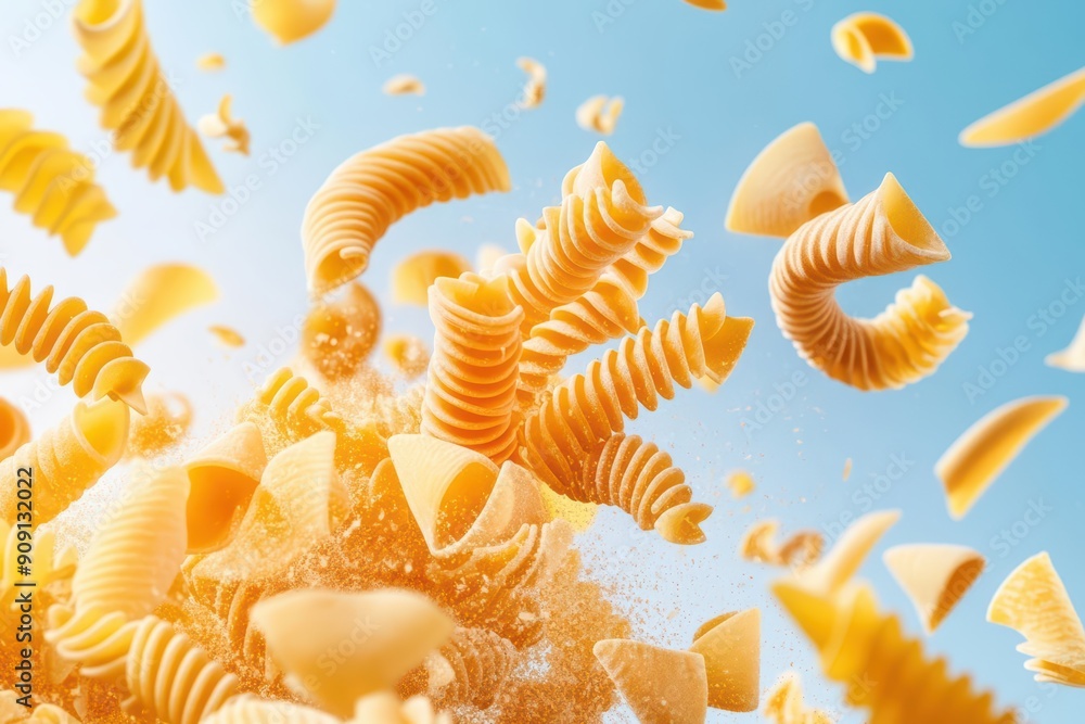 Poster colorful flying pasta explosion, creating a vibrant and dynamic visual with light effect and empty a