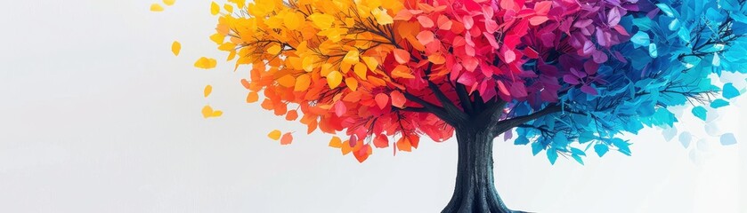 A vibrant tree with colorful leaves in shades of orange, pink, and blue, set against a white background, symbolizing creativity.