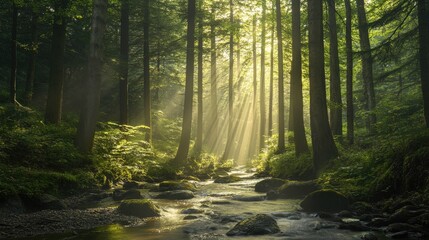 Obraz premium Peaceful forest landscape with towering trees, sunlight filtering through the canopy, and a tranquil stream