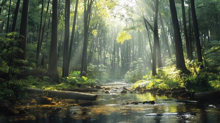 Obraz premium Peaceful forest landscape with towering trees, sunlight filtering through the canopy, and a tranquil stream
