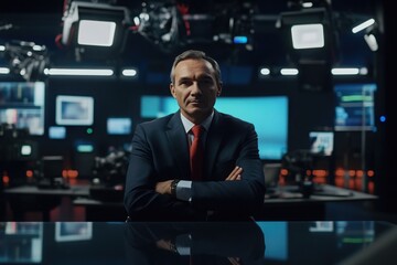 Fototapeta premium Media mogul in television studio, with copy space