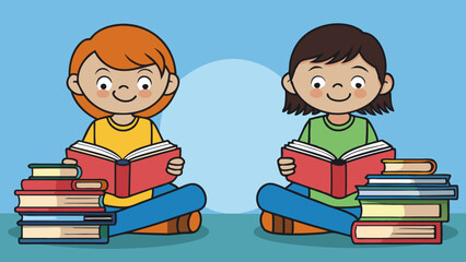 reading kids two kids reading quietly with stacks vector illustration