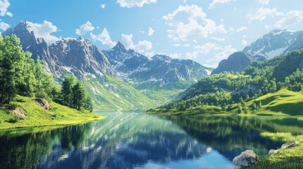 Scenic mountain vista with lush green valleys, a clear blue sky, and a serene lake reflecting the landscape