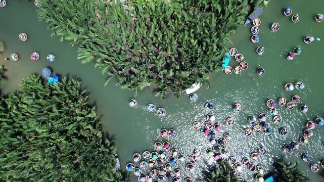 Drone view of Coconut Forest Basket Boat Ride in Hoi An, vietnam.