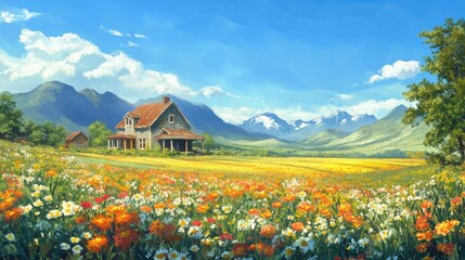 Fototapeta premium Scenic rural view of a quaint farmhouse, vibrant blooming fields, and distant mountains under a clear, blue sky