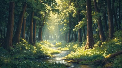 Fototapeta premium Serene forest landscape with towering trees, dappled sunlight, and a meandering stream creating a tranquil atmosphere