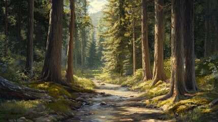 Serene forest scene with tall trees, dappled sunlight, and a meandering stream enhancing the tranquility