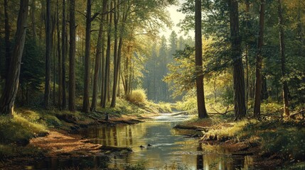 Obraz premium Serene forest scene with tall trees, dappled sunlight, and a meandering stream enhancing the tranquility
