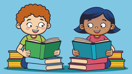 reading kids two kids reading quietly with stacks vector illustration