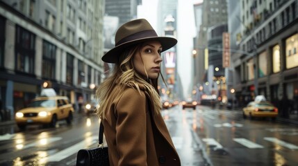Fototapeta premium A stylish woman walks through a bustling city street on a rainy day, showcasing urban life and fashion.