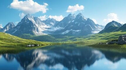 Stunning mountain scene with a clear blue sky, green valleys, and a tranquil lake reflecting the majestic peaks