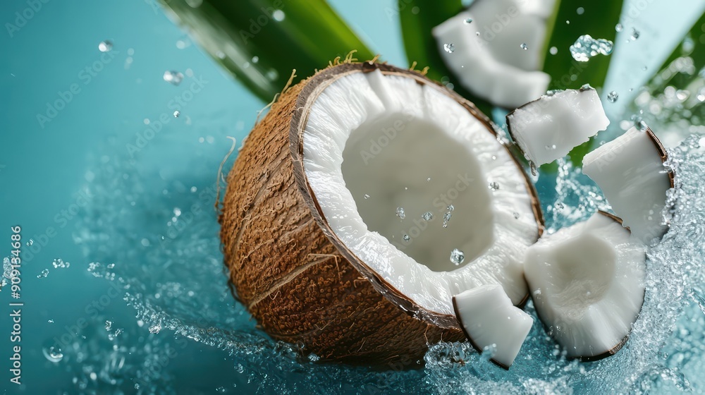 Poster luxury flying of refreshing coconut water, creating a visually striking scene with light effect and 