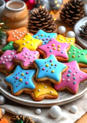 A plate of colorful cookies with a star on it. The cookies are decorated with colorful icing and sprinkles