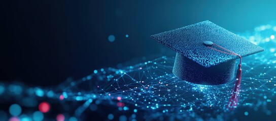 cap and gown on blue tech background