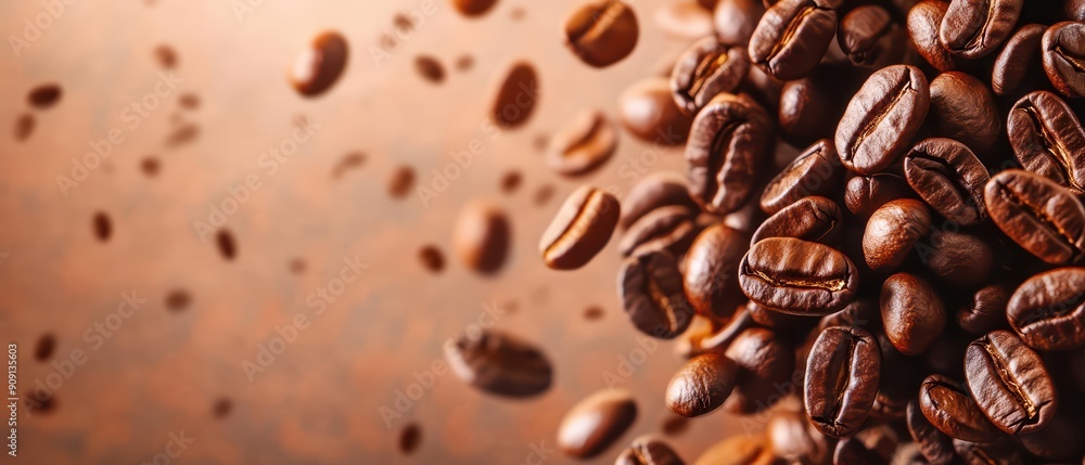 Poster luxury splash of coffee beans, creating a visually striking scene with light effect highlighting the