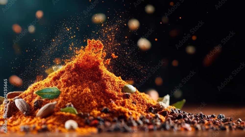 Poster luxury splash of exotic spices, featuring a dynamic light effect with empty spaces where sunlight fi