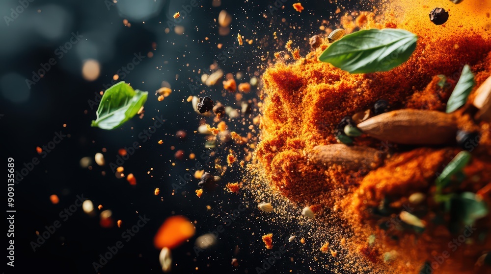 Aufkleber luxury splash of exotic spices, featuring a dynamic light effect with empty spaces where sunlight fi