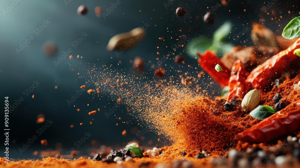 Aufkleber luxury splash of exotic spices, featuring a dynamic light effect with empty spaces where sunlight fi