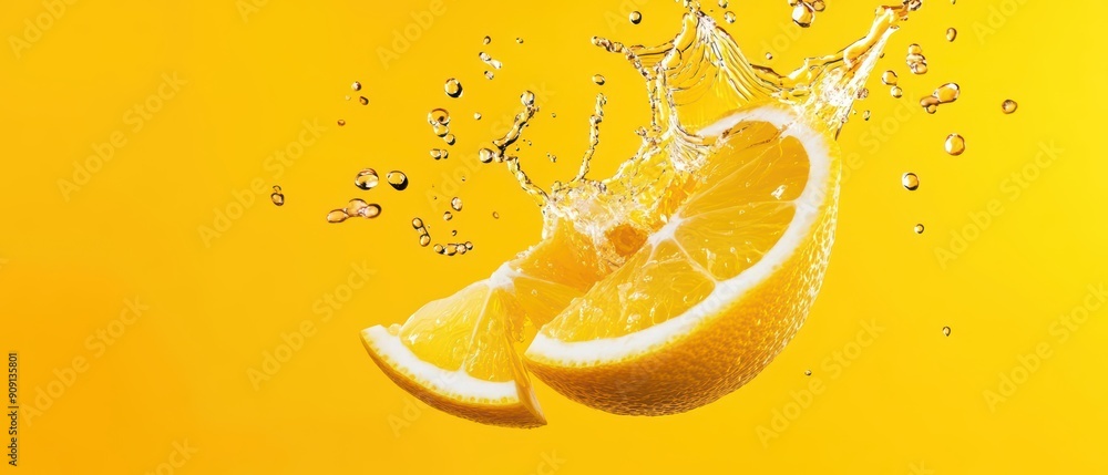 Poster luxury splash of sparkling yuzu drink, featuring a dynamic light effect with empty areas where sunli