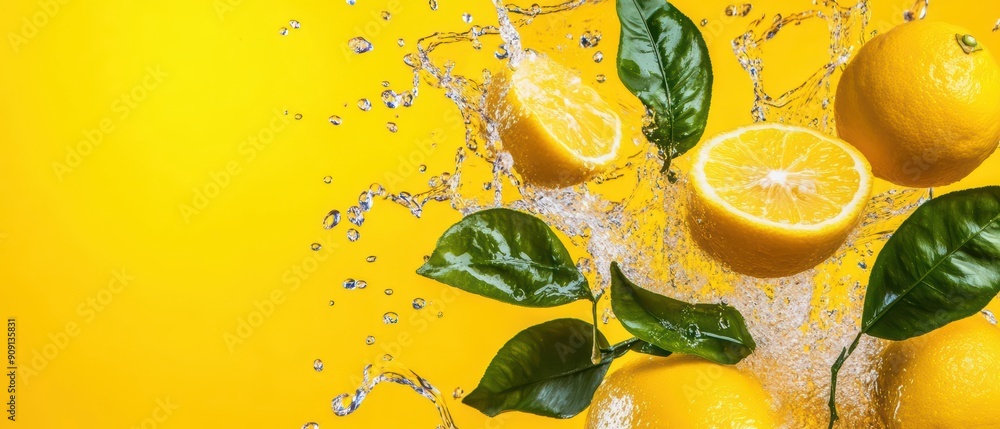 Poster luxury splash of sparkling yuzu drink, featuring a dynamic light effect with empty areas where sunli
