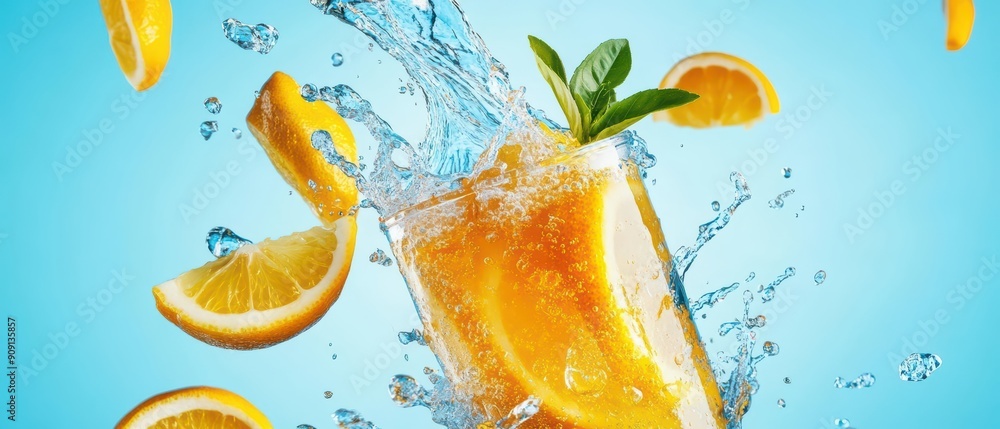 Poster luxury splash of sparkling yuzu drink, featuring a dynamic light effect with empty areas where sunli