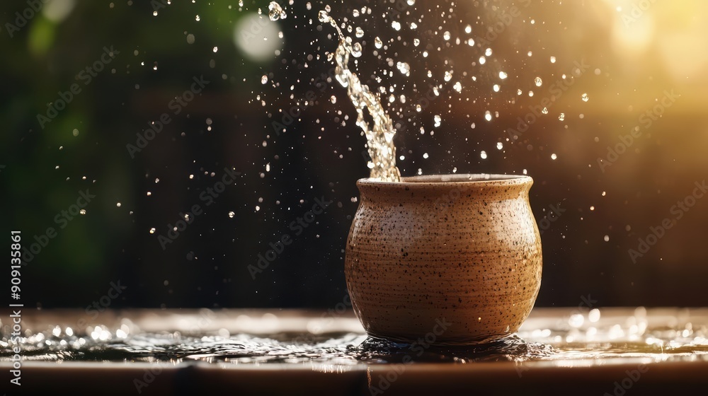 Aufkleber luxury splash of warm sake, featuring a dynamic light effect and empty areas where sunlight filterin