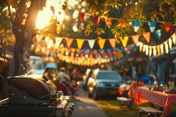 Naklejka premium Neighborhood block party with colorful bunting and banners, with copy space