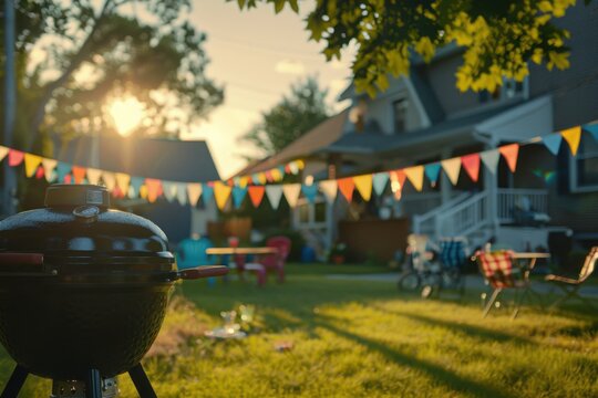 Neighborhood block party with colorful bunting and banners, with copy space