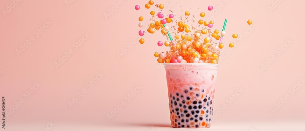 Aufkleber minimal explosion of vibrant bubble tea, with empty spaces where sunlight filtering through the colo