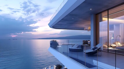 Fototapeta premium Modern luxurious villa balcony with clear sea view