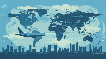 Fototapeta premium An airplane soars above a world map with a city skyline illuminated at dusk