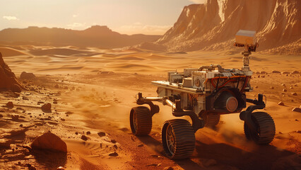 Mars Rover on Martian Surface - Mars, rover, space, exploration, landscape, desert, rocky, red planet, technology, science, Mars rover, Mars surface, planetary exploration