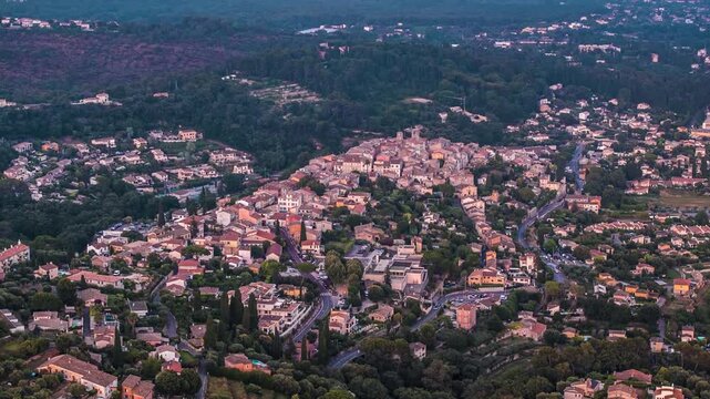 French village in the hills with sunshine, aerial hyperlapse, Biot, France, 4K