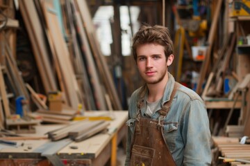 Obraz premium Portrait of a young male carpenter in workshop