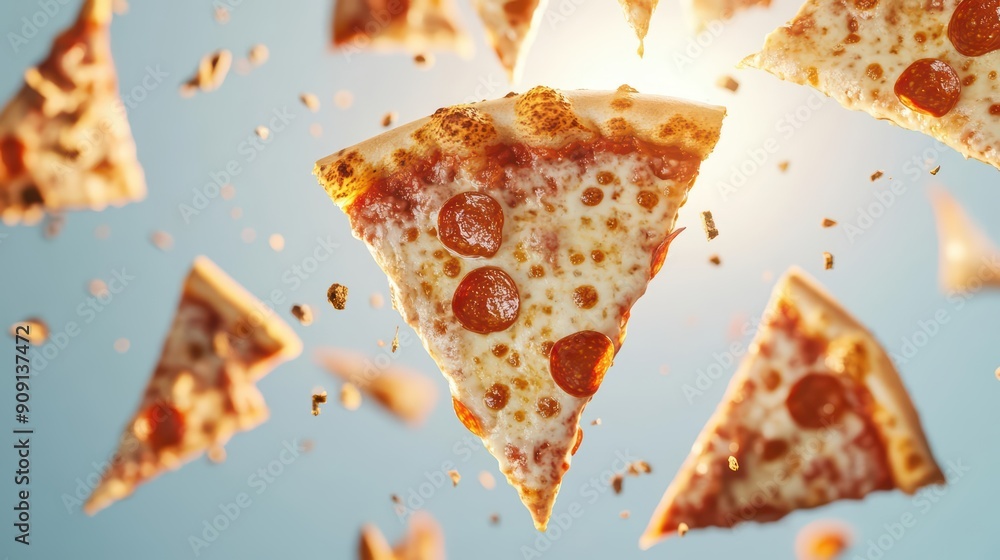 Aufkleber modern exploding of delicious pizza slices, with a light effect and empty areas where sunlight filte