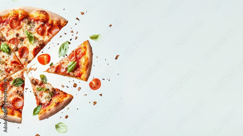 Aufkleber modern exploding of delicious pizza slices, with a light effect and empty areas where sunlight filte