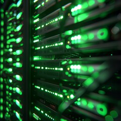 Naklejka premium Rows of Green LED Lights on Server Racks in Data Center During Night Shift Operations