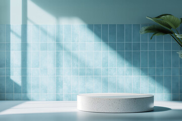 Horizontal photo template of a sunlit advertising podium and a home plant leaves in a bathhroom