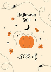 Halloween Sale -50% Off. Pumpkin and Autumn Leaves, Spiders. Promotion Poster, Banner. Flat Vector Illustration