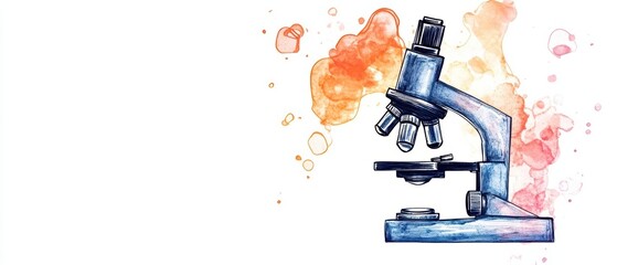 Strange, colorful watercolor artwork of a microscope, placed with empty space on the left, symbolizes scientific exploration and discovery in medicine