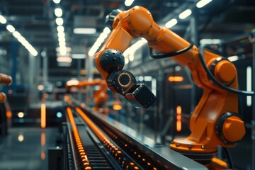Robot arm on conveyor belt in factory