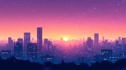 Obraz premium Cityscape at Sunset with Starry Sky and Glowing Windows