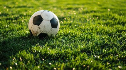 Fototapeta premium A football lying on the grass field ready for a game