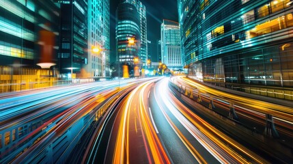 Obraz premium Light trails on the modern building background. Light trails at night in urban environment, Abstract Motion Blur City, traffic, transportation, street, road, speed