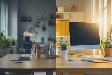 Naklejka premium office and home workspace,half and half, with copy space