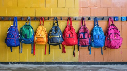 A line of school backpacks hanging on hooks outside a classroom