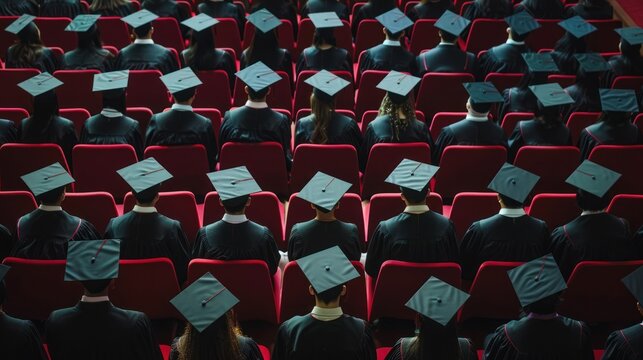 A medical school graduation ceremony with students in caps and gowns